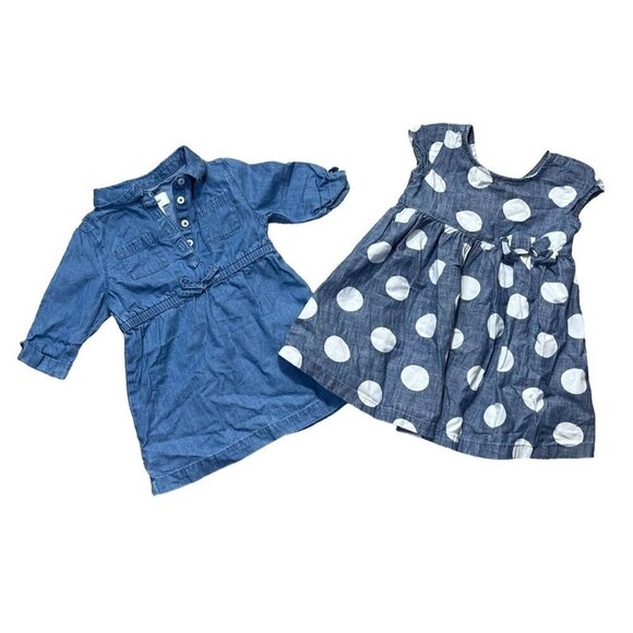 Baby Girl Dresses Set of 2 Gap Old Navy Denim Blue Dot Size 18-24 Month Cotton - Picture 1 of 6